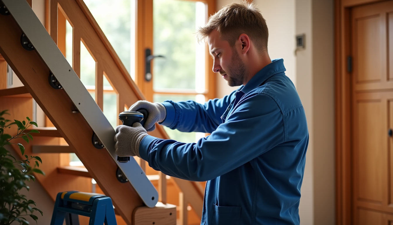 Technicien en train d’installer un monte-escalier dans une maison à Labastide-Marnhac