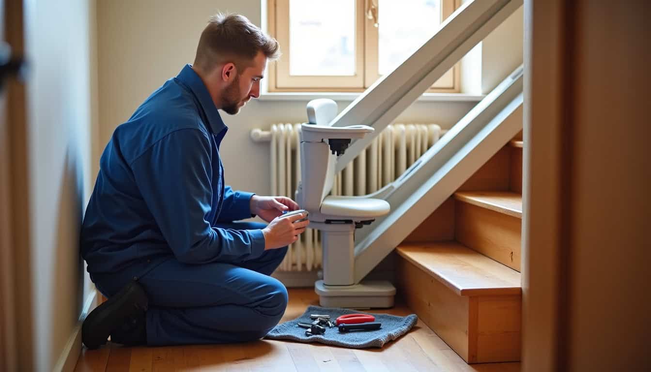 Technicien en train d’installer un monte-escalier dans une maison à Le Pellerin
