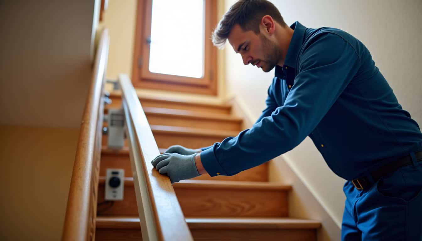 Technicien en train d’installer un monte-escalier dans une maison à Longuyon