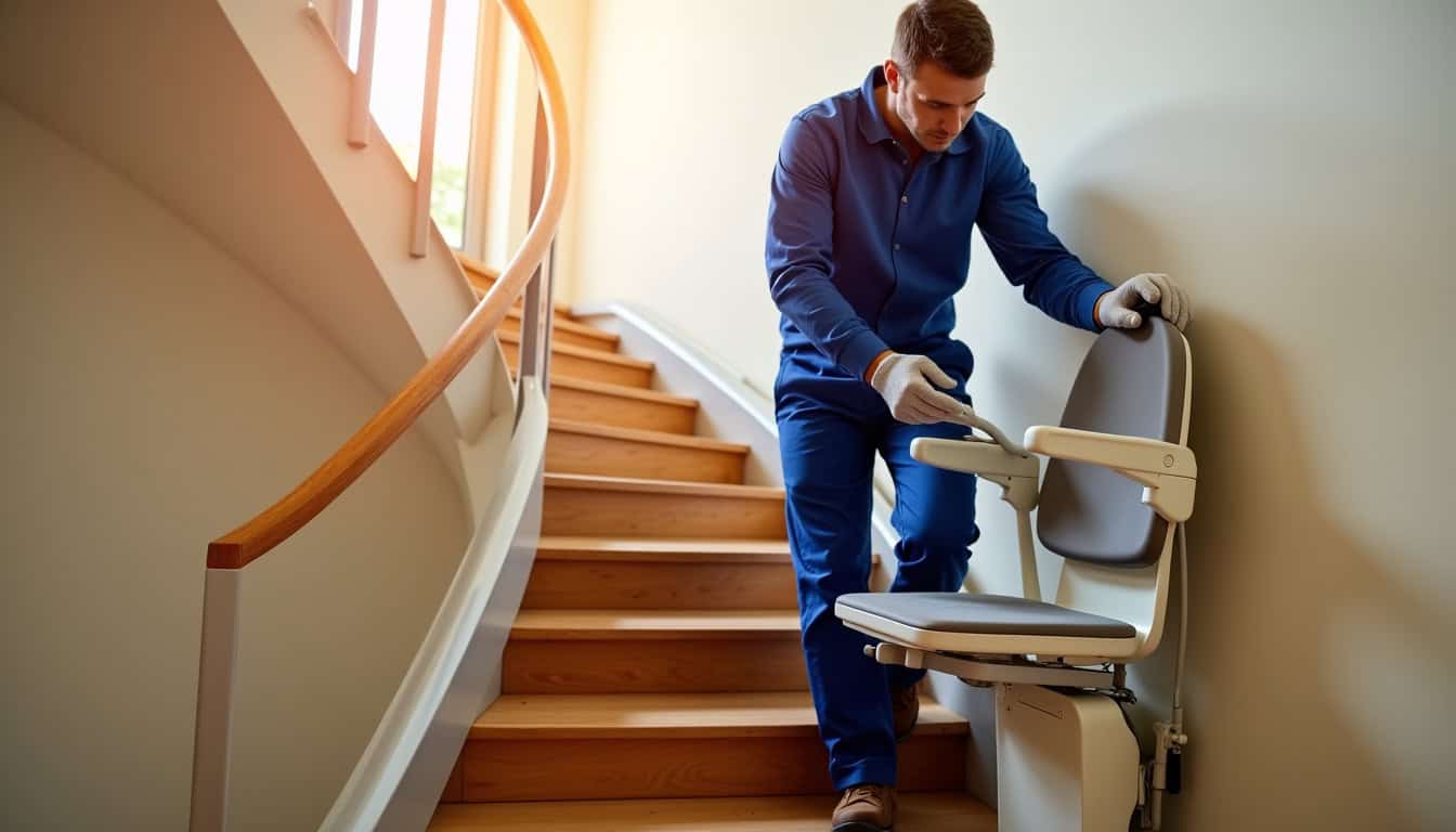 Technicien en train d’installer un monte-escalier dans une maison à Maël-Carhaix
