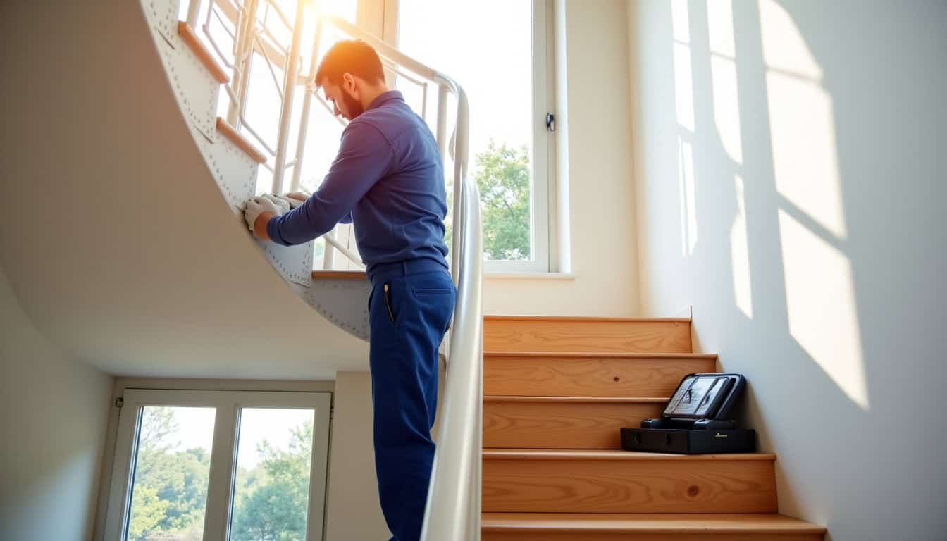 Technicien en train d’installer un monte-escalier dans une maison à Plouider