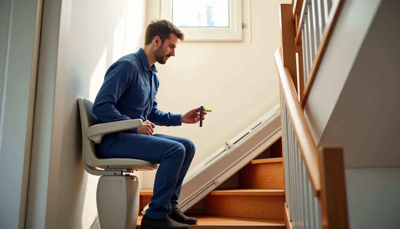 Technicien en train d’installer un monte-escalier dans une maison à Pommiers, vérification du rail et du siège