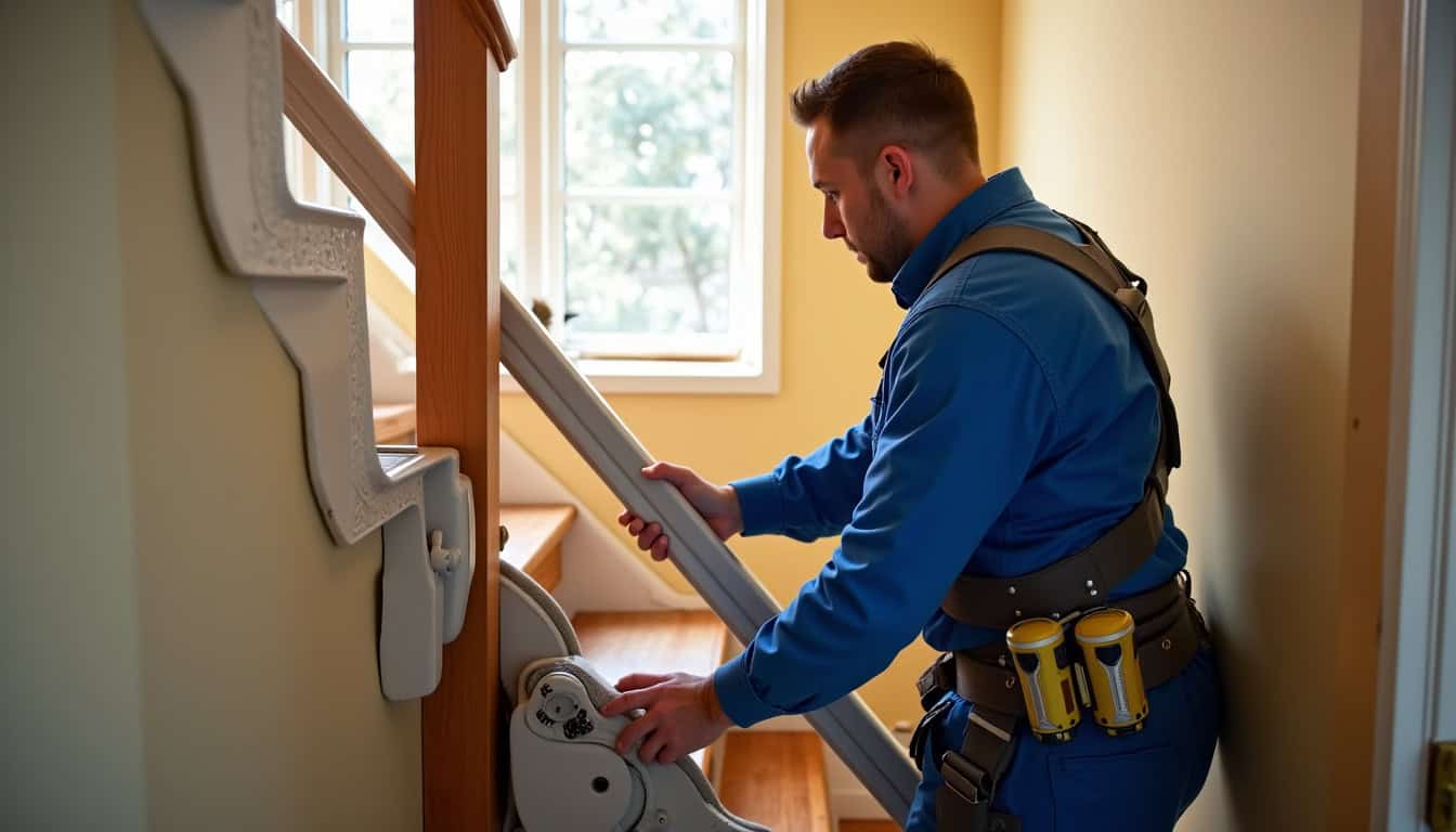 Technicien en train d’installer un monte-escalier dans une maison à Rions, avec outils et matériel de pose