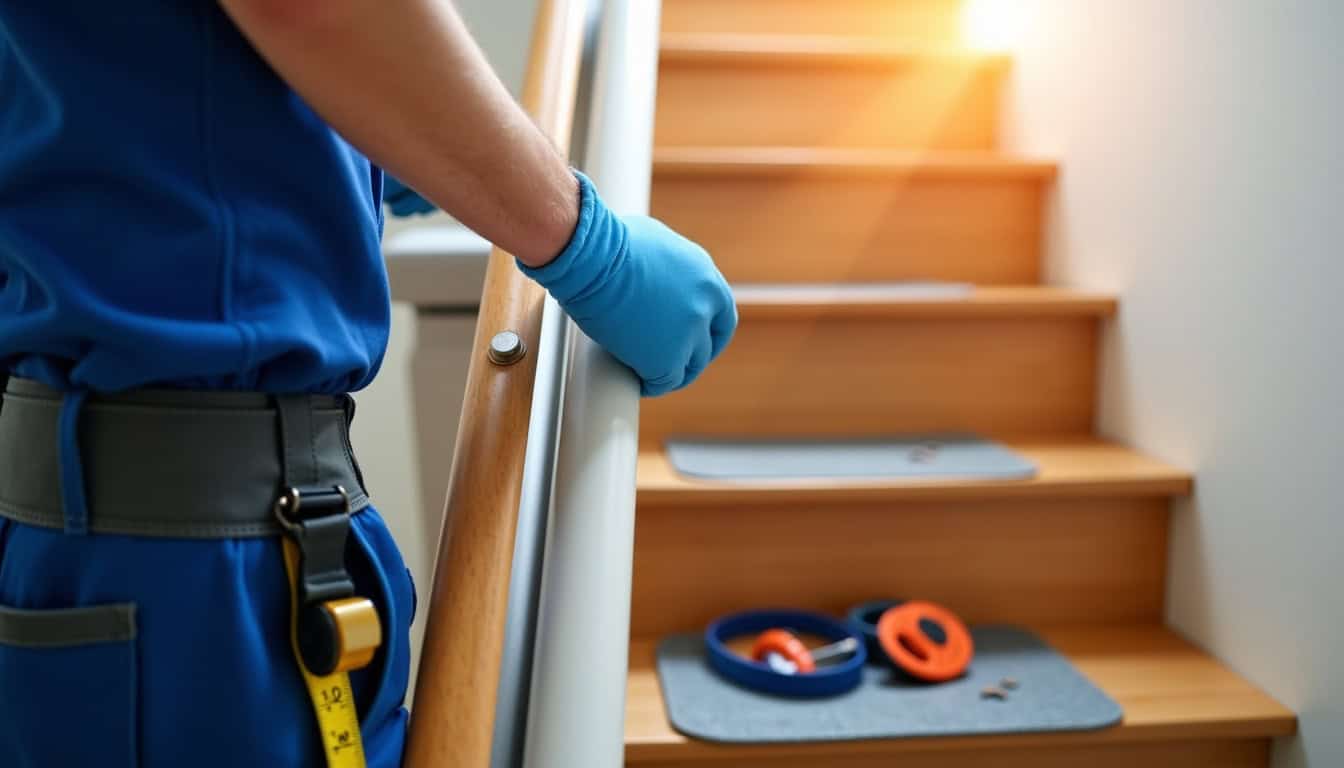 Technicien en train d’installer un monte-escalier dans une maison à Ronchin