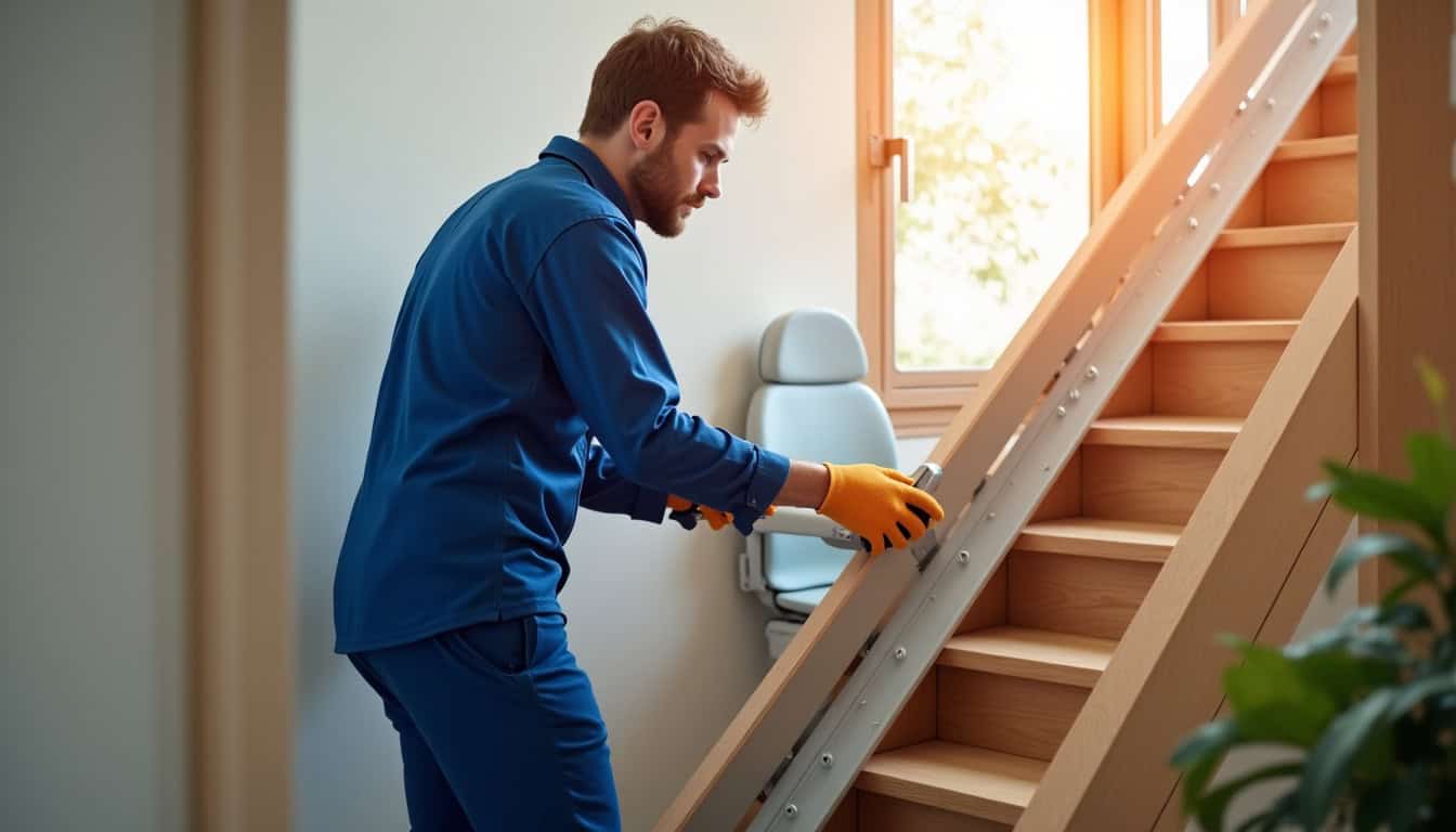Technicien en train d’installer un monte-escalier dans une maison à Roost-Warendin