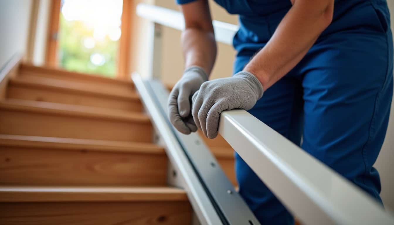 Technicien en train d’installer un monte-escalier dans une maison à Rosenau, avec fixation sur les marches