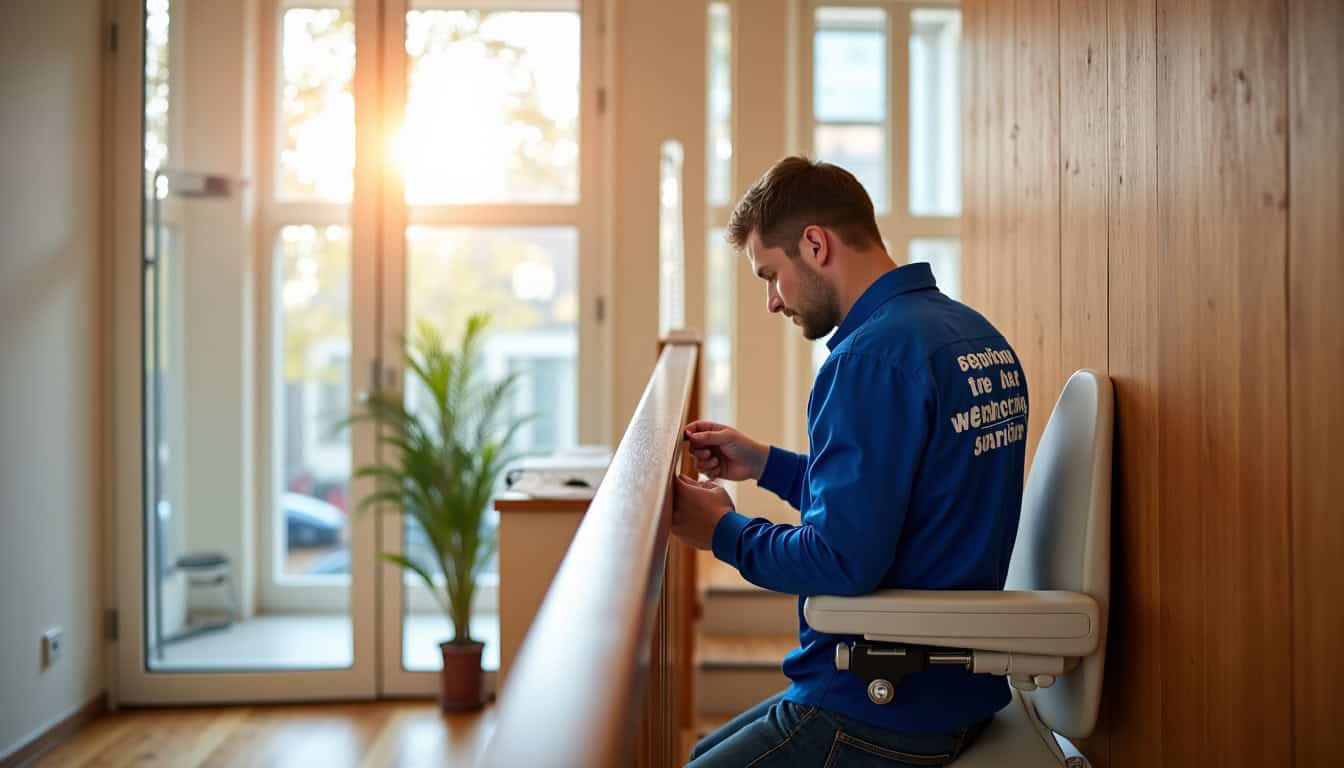 Technicien en train d’installer un monte-escalier dans une maison à Saint-Benoît