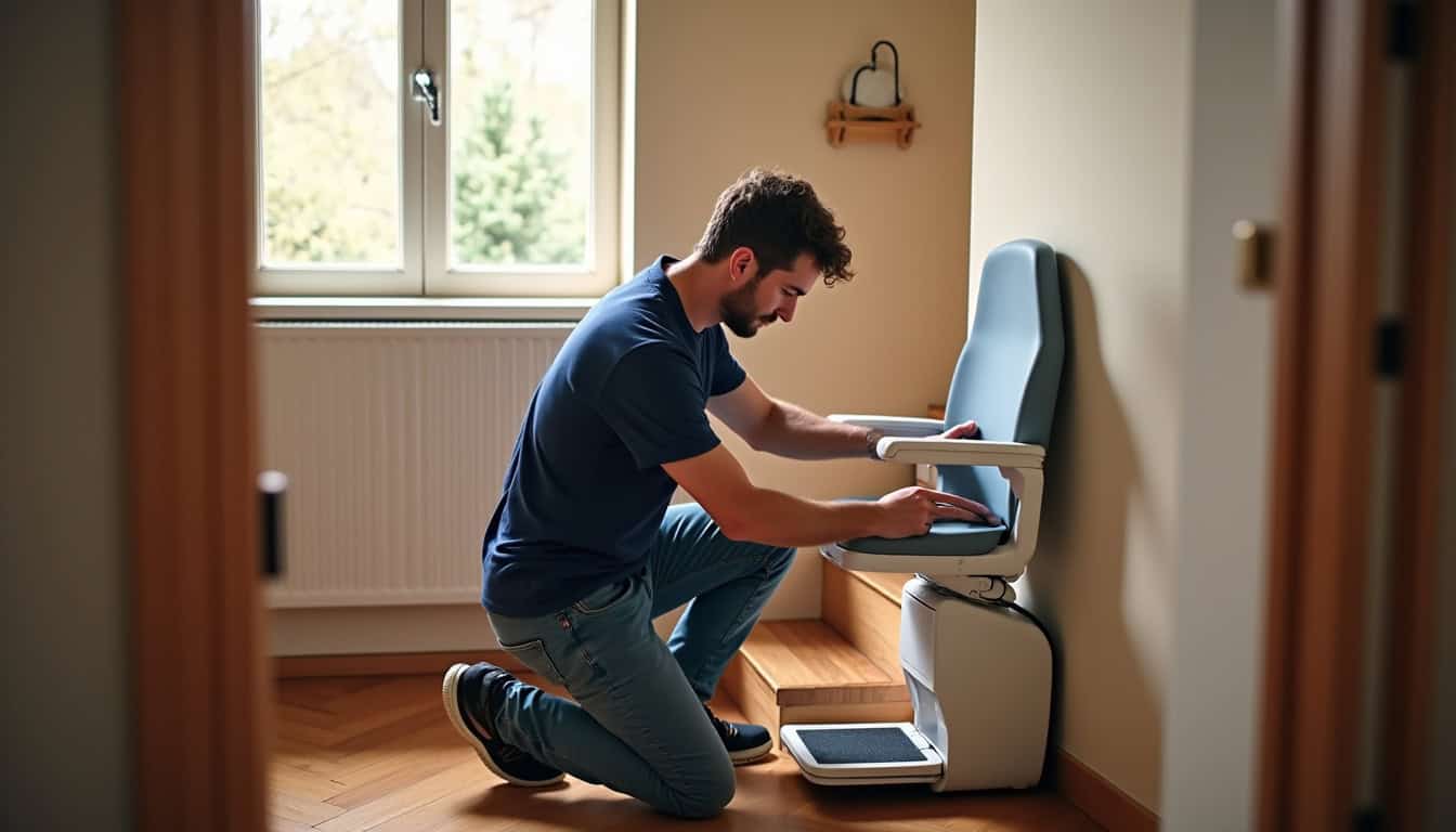 Technicien en train d’installer un monte-escalier dans une maison à Saint-Colomban