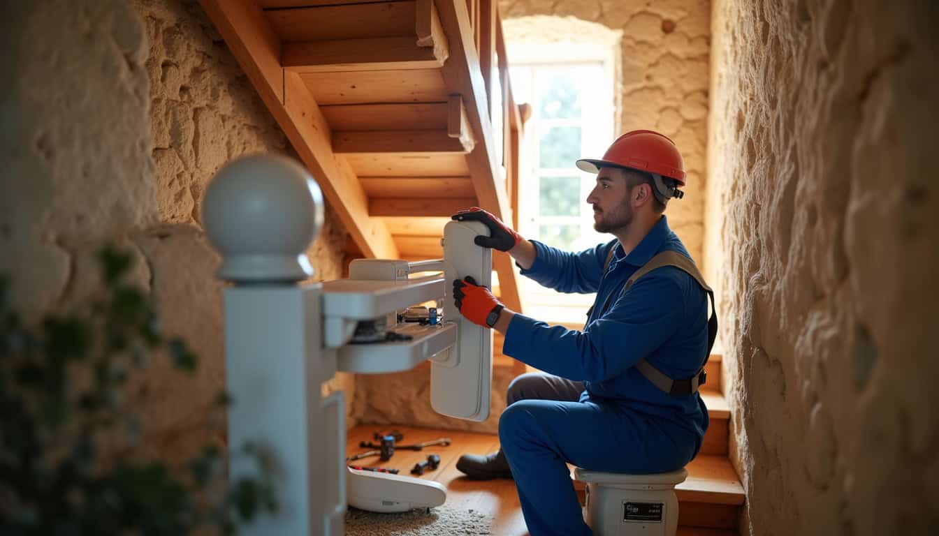 Technicien en train d’installer un monte-escalier dans une maison à Saint-Émilion