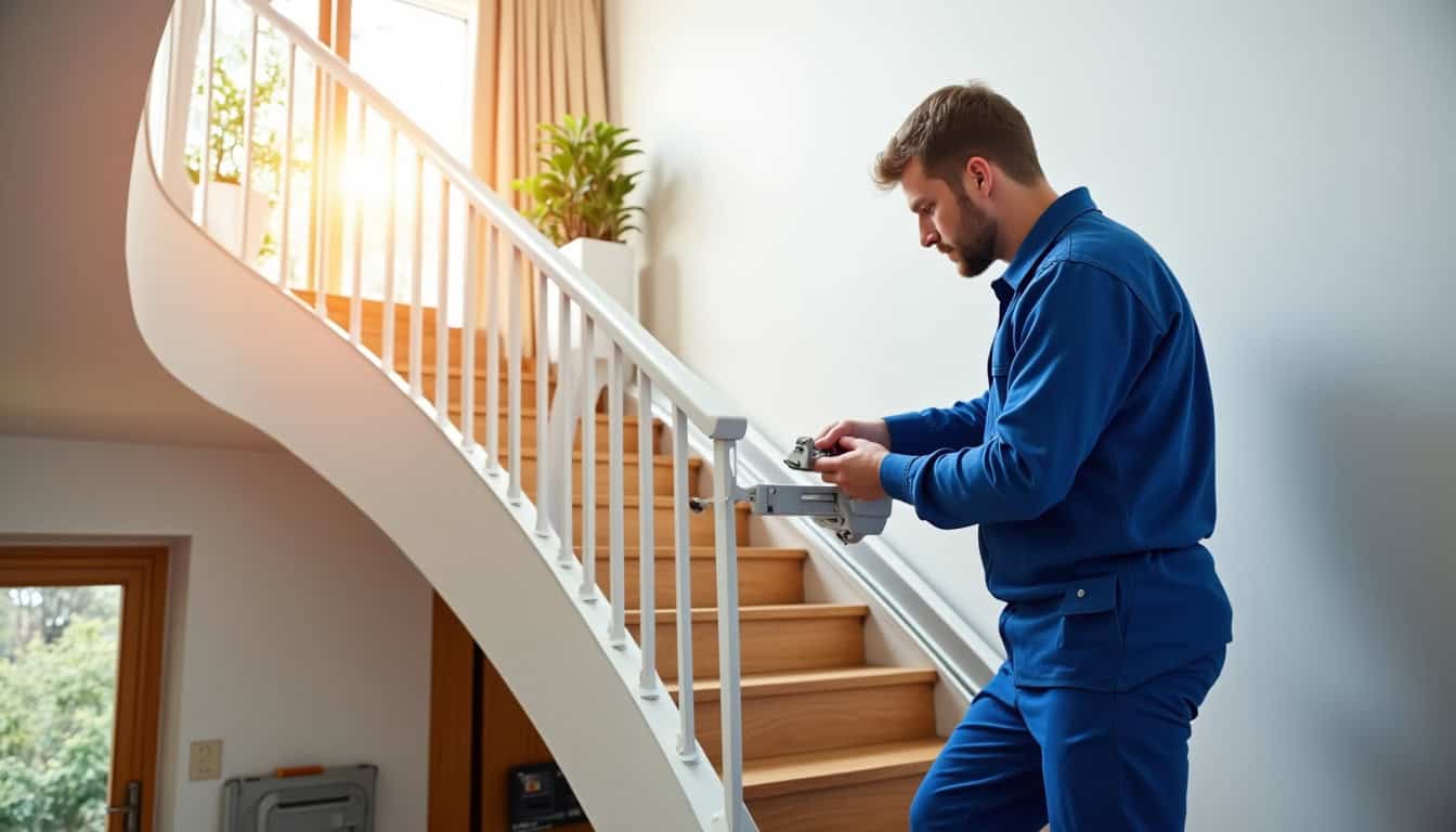 Technicien en train d’installer un monte-escalier dans une maison à Saint-Germain-le-Fouilloux