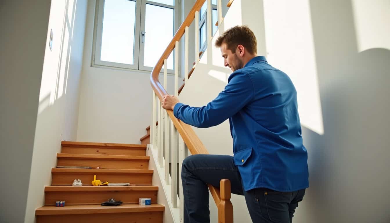 Technicien en train d’installer un monte-escalier dans une maison à Saint-Laurent-du-Var