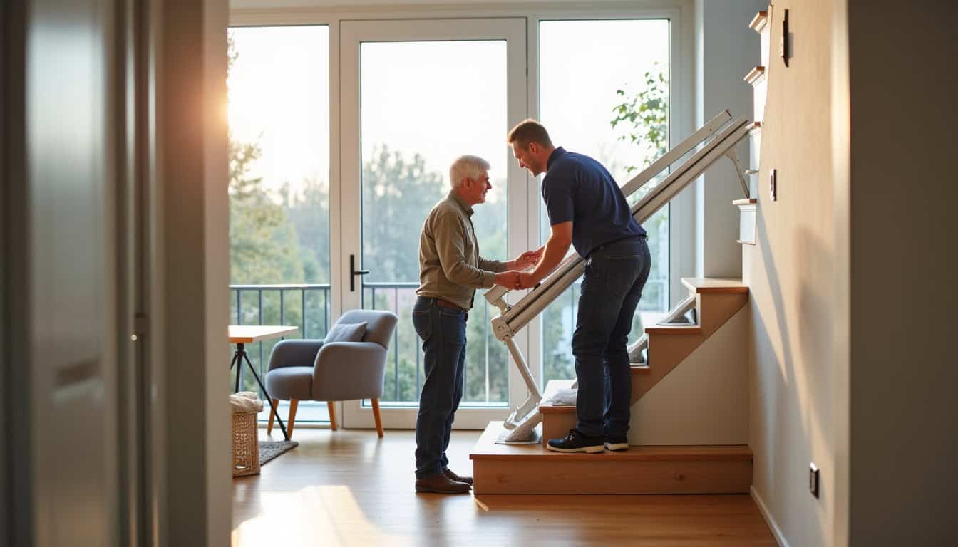 Technicien en train d’installer un monte-escalier dans une maison à Sarrebourg, en présence du propriétaire