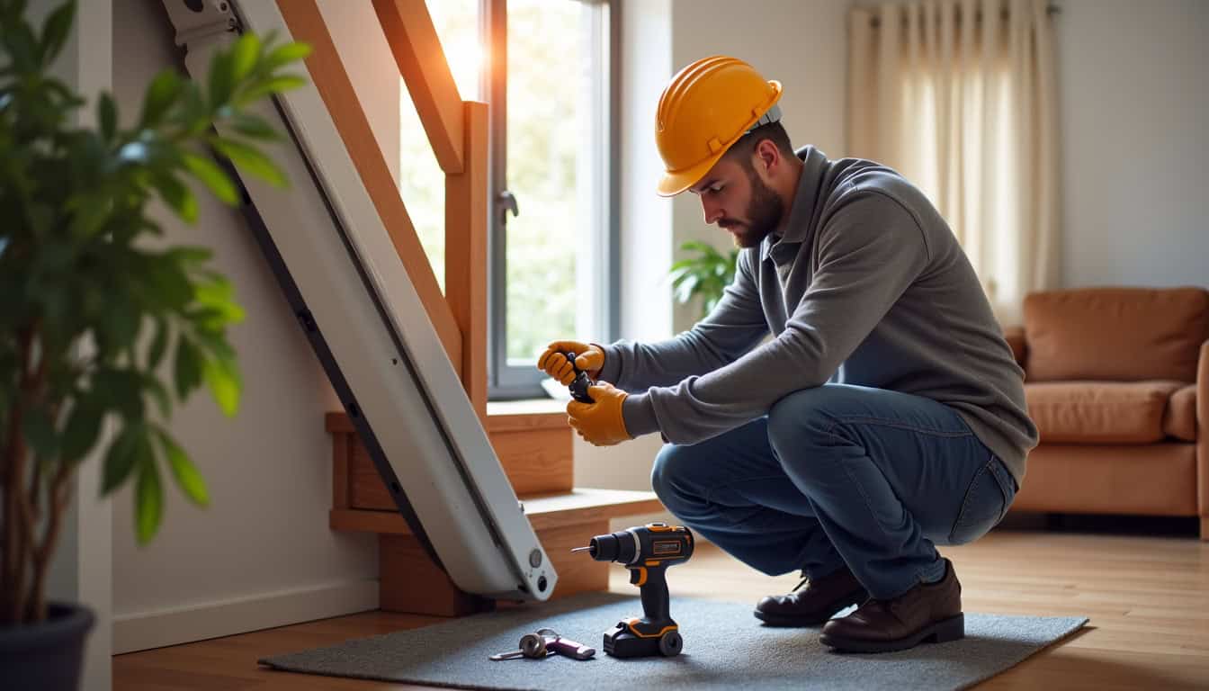 Technicien en train d’installer un monte-escalier dans une maison à Scherwiller, avec outils et matériel de sécurité