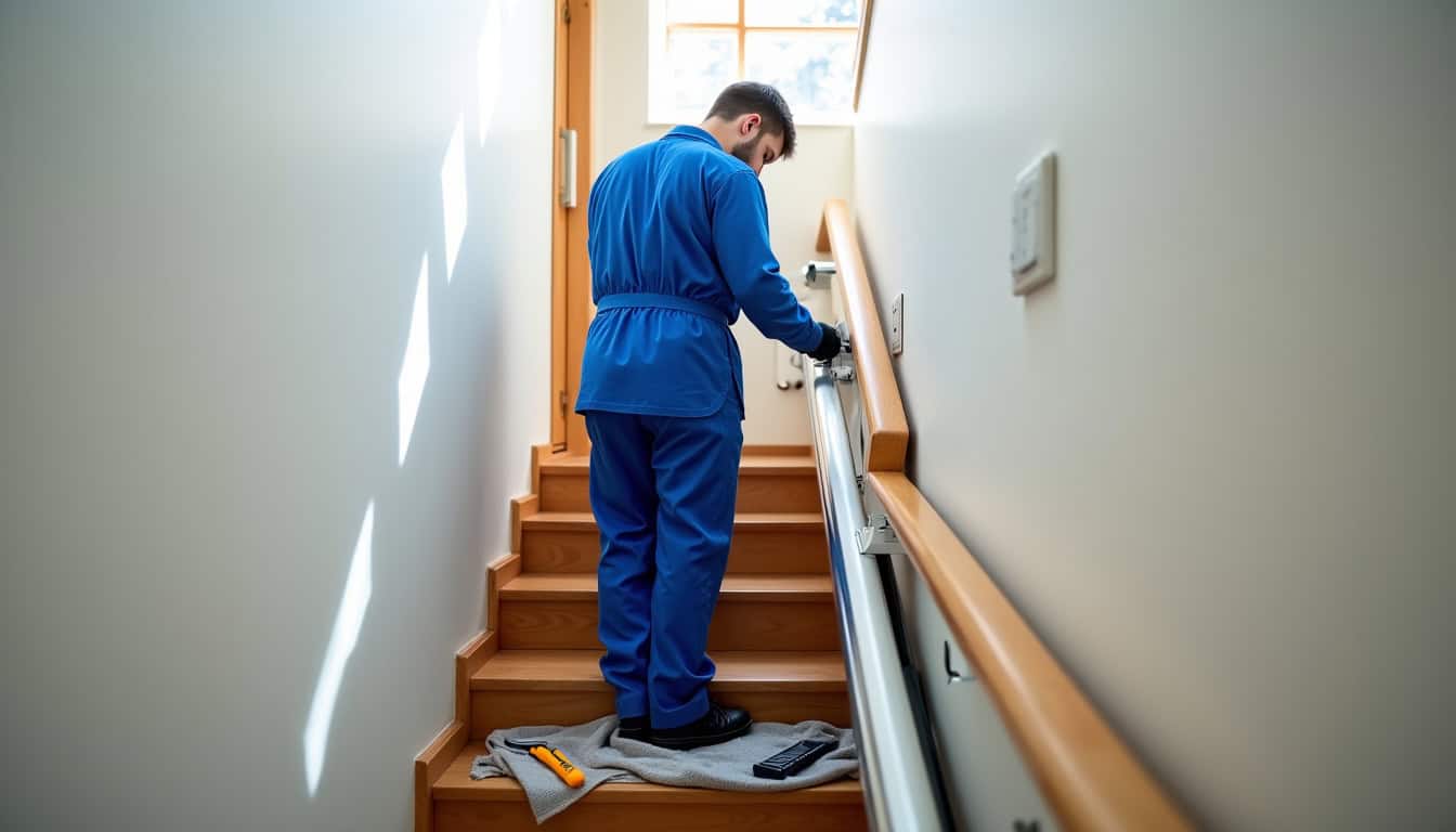 Technicien en train d’installer un monte-escalier dans une maison à Servins