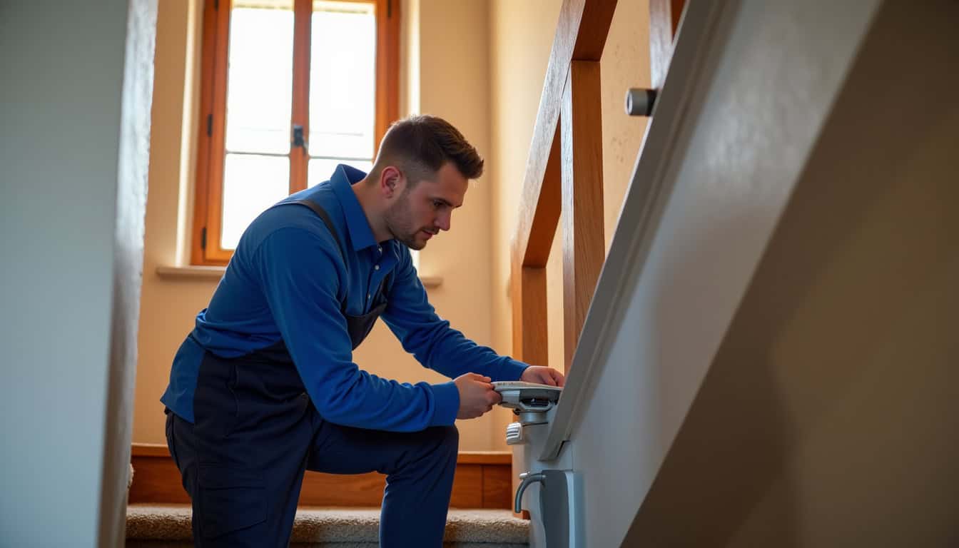 Technicien en train d’installer un monte-escalier dans une maison à Sonzay