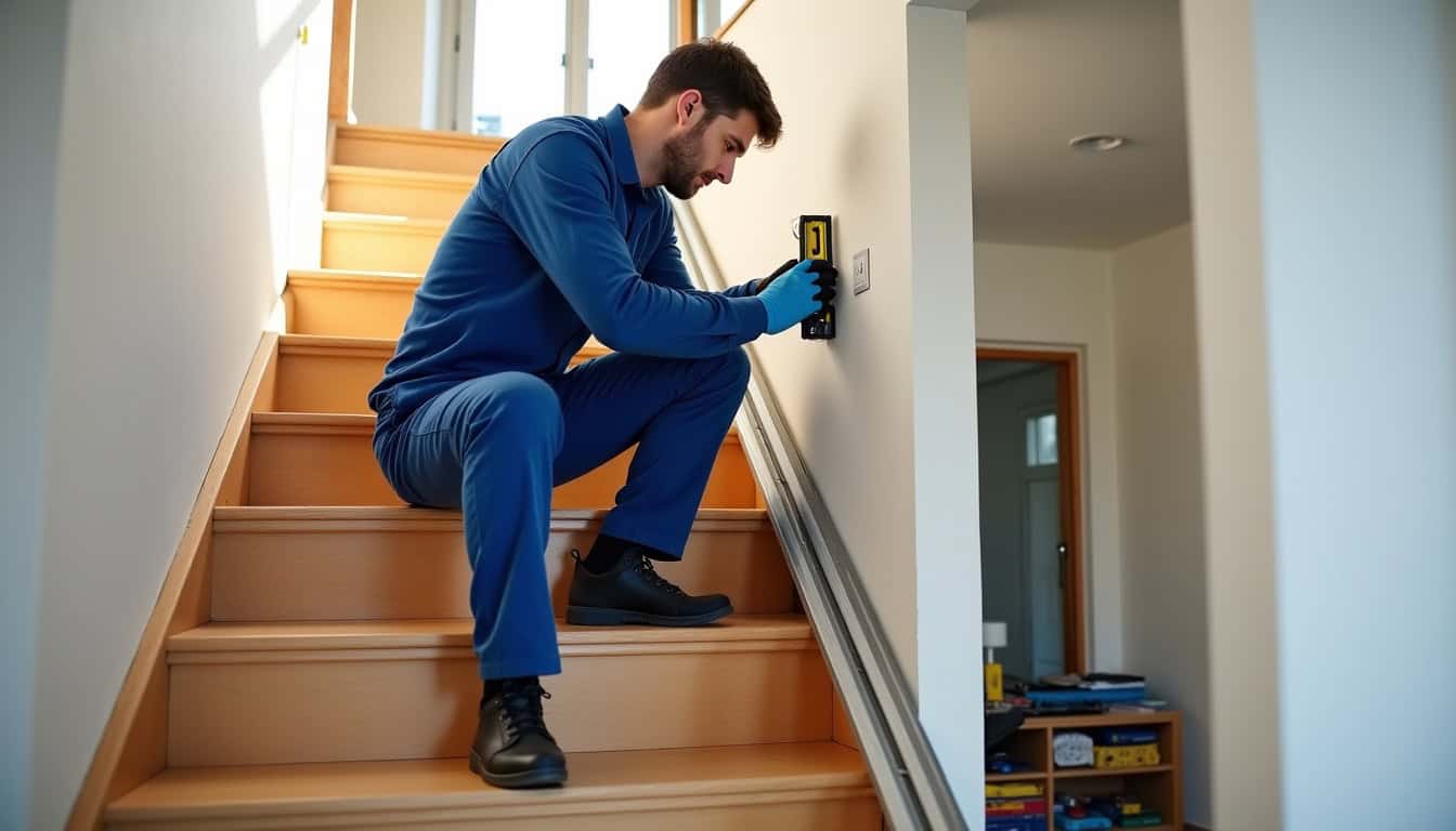 Technicien en train d’installer un monte-escalier dans une maison à Talence