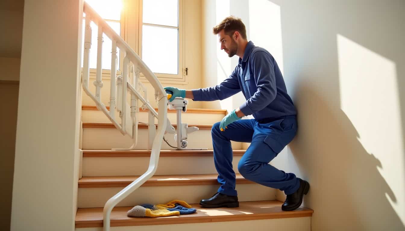 Technicien en train d’installer un monte-escalier dans une maison à Villefranche-sur-Mer
