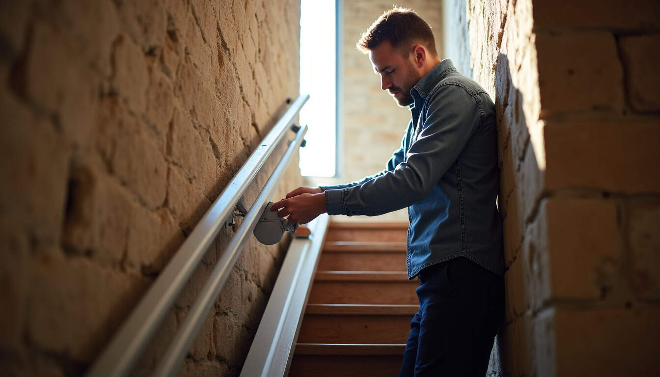 Technicien en train d’installer un monte-escalier dans une maison ancienne à Montjean