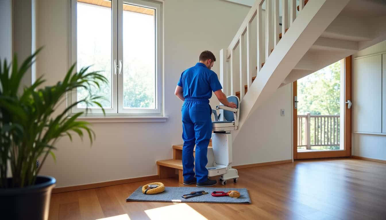 Technicien en train d’installer un monte-escalier dans une maison d’Annemasse