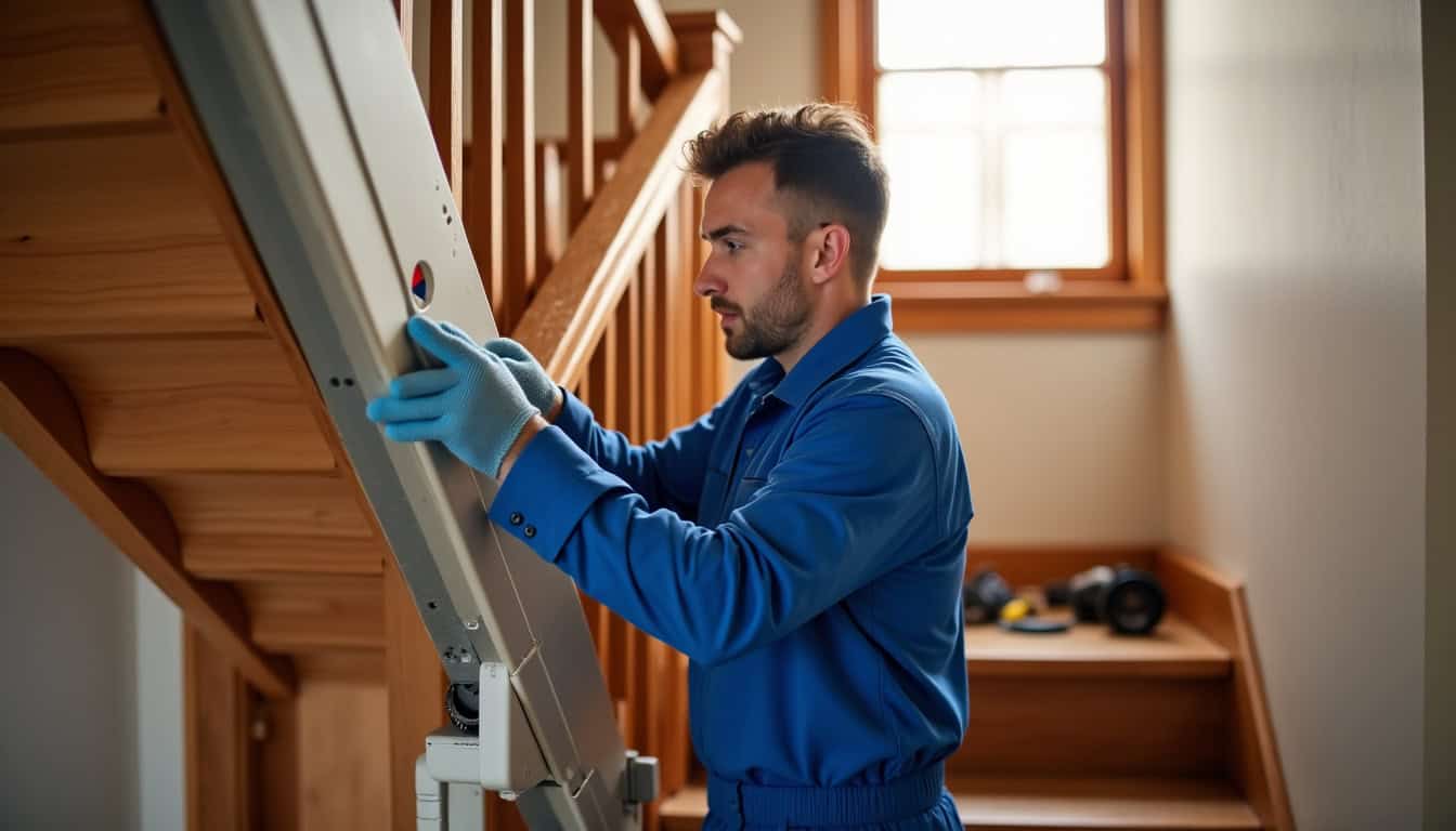 Technicien en train d’installer un monte-escalier dans une maison de Boynes