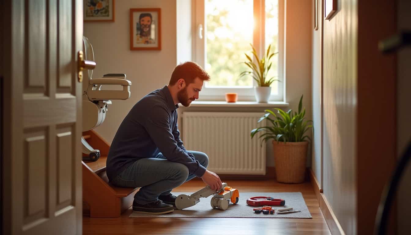Technicien en train d’installer un monte-escalier dans une maison de Culhat