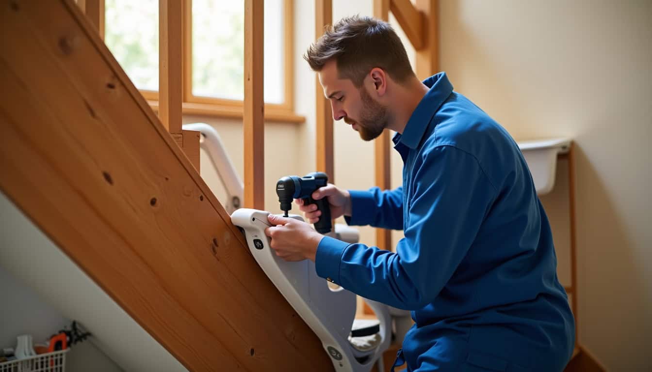 Technicien en train d’installer un monte-escalier dans une maison de Darnieulles