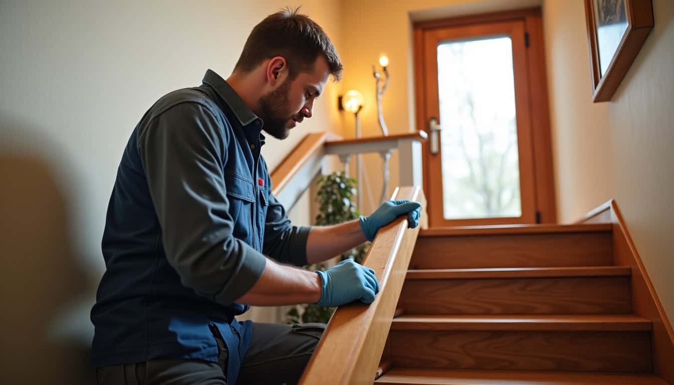Technicien en train d’installer un monte-escalier dans une maison de Montsenelle