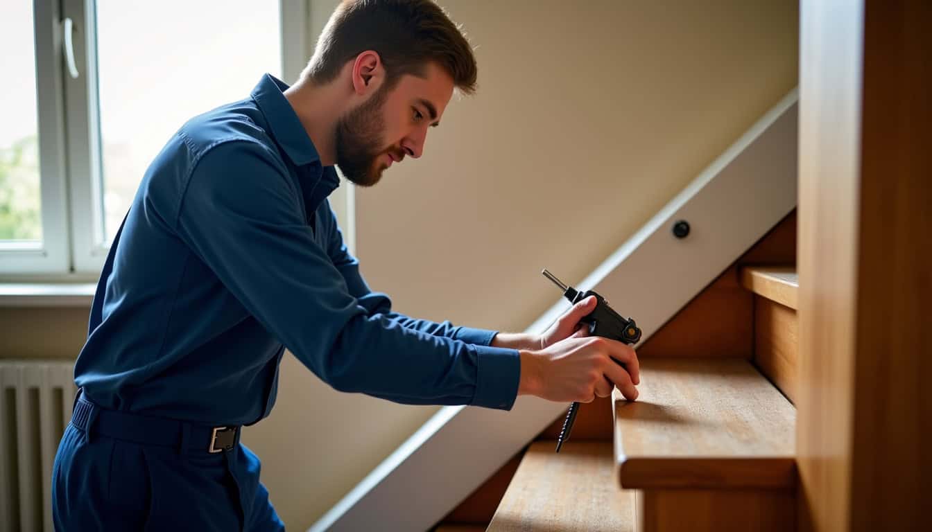 Technicien en train d’installer un monte-escalier droit dans une maison de Frangy, avec rail fixé sur les marches