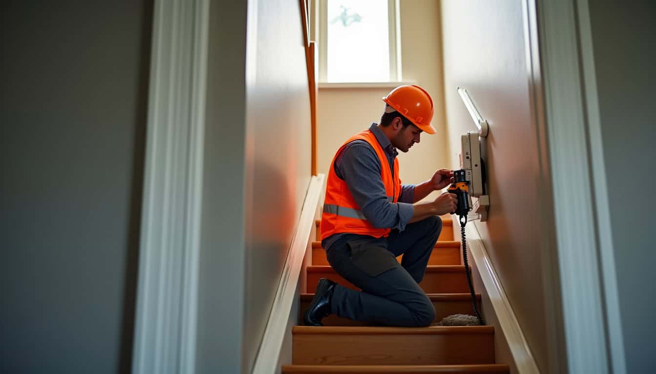 Technicien en train d’installer un monte-escalier, en sécurité sur un chantier
