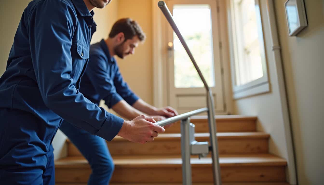 Technicien en train d’installer un monte-escalier intérieur dans une maison à Villeneuve-sur-lot