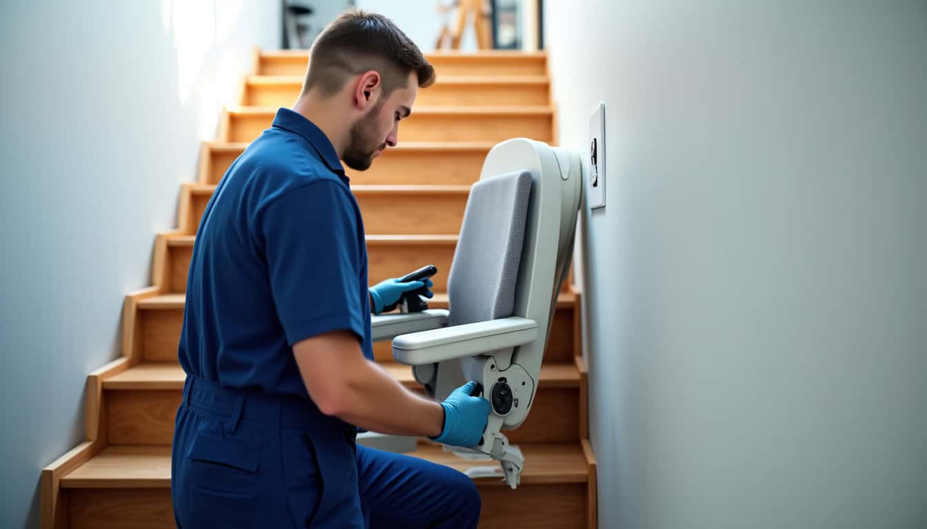 Technicien en train d’installer un monte-escalier sur un escalier intérieur, en vérifiant les fixations et les mesures
