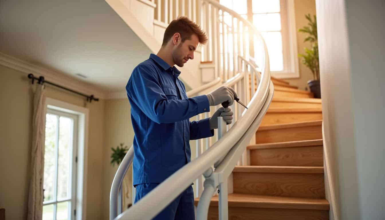 Technicien en train d’installer un monte-escalier tournant à Sérent