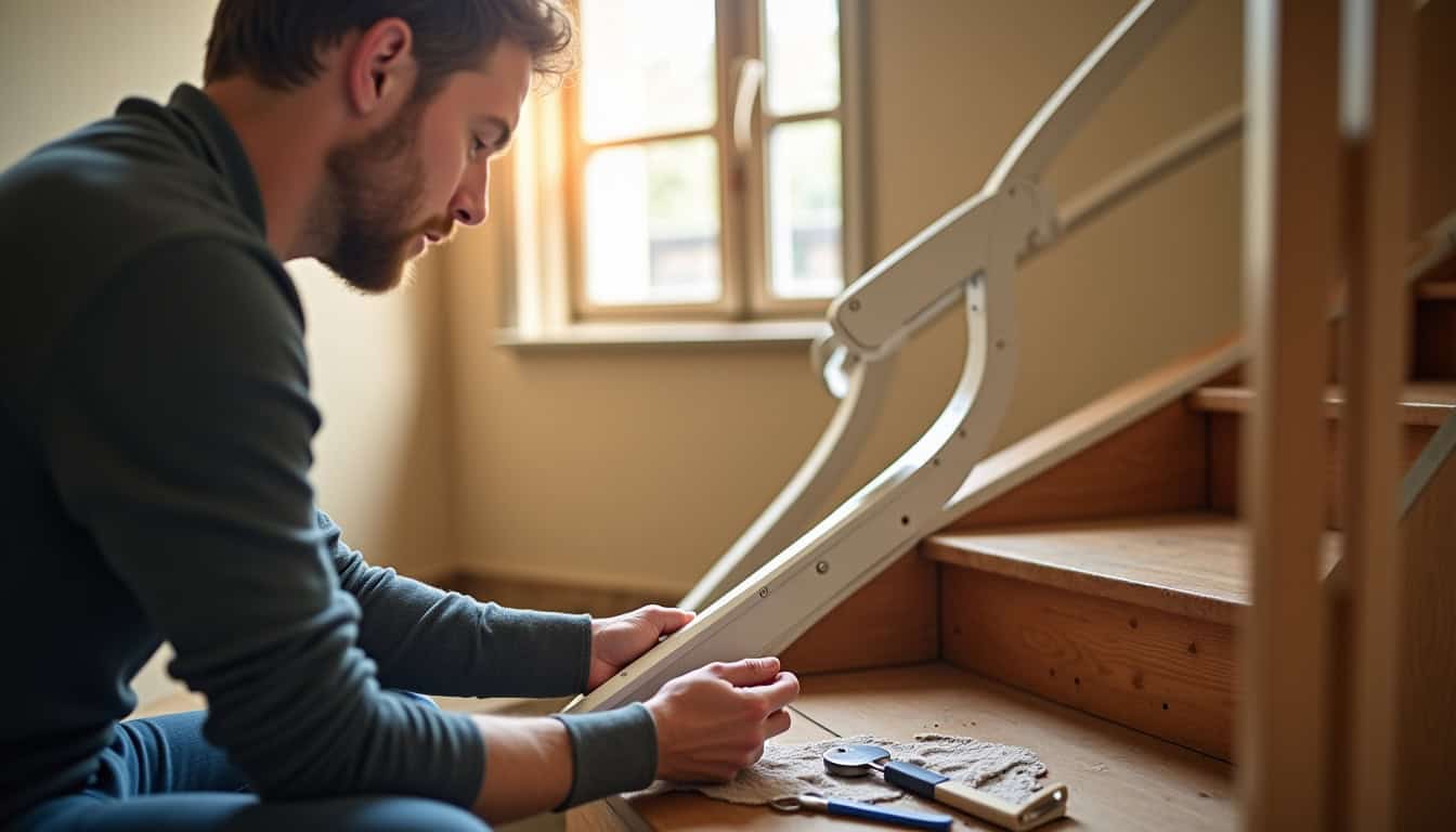 Technicien en train d’installer un monte-escalier tournant dans une habitation à Vernègues