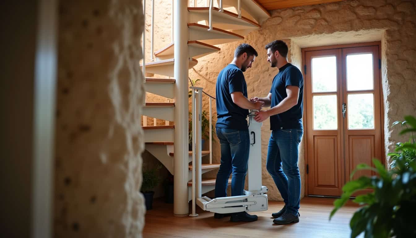 Technicien en train d’installer un monte-escalier tournant dans une maison à Péaule