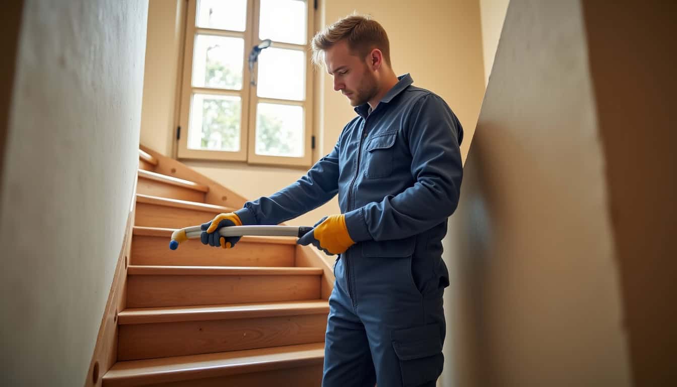 Technicien en train d’installer un monte-escalier tournant dans une maison à Saint-Sernin-du-Bois