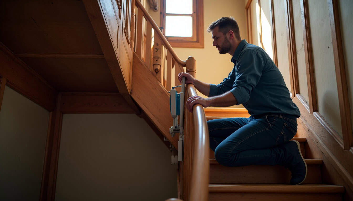 Technicien en train d’installer un monte-escalier tournant dans une maison ancienne à Péron