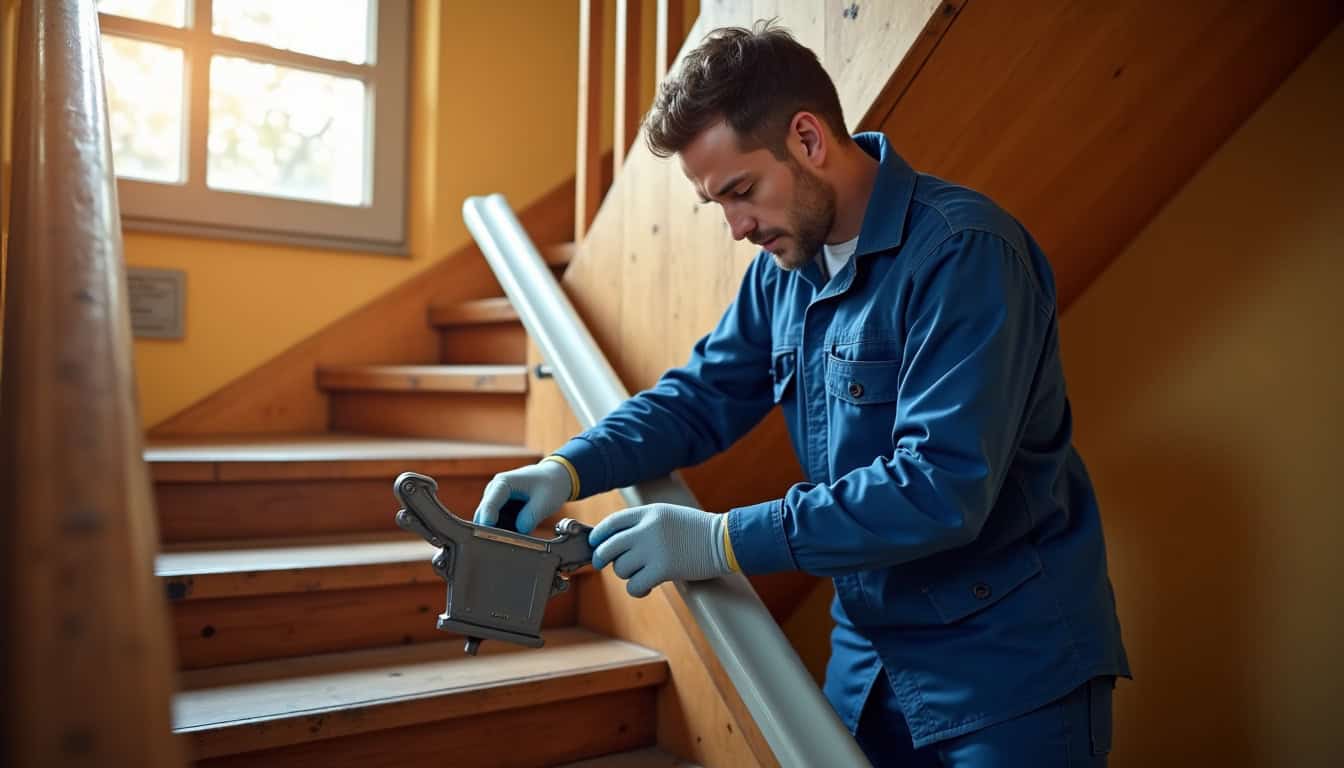 Technicien en train d’installer un rail de monte-escalier dans une maison à Eauze