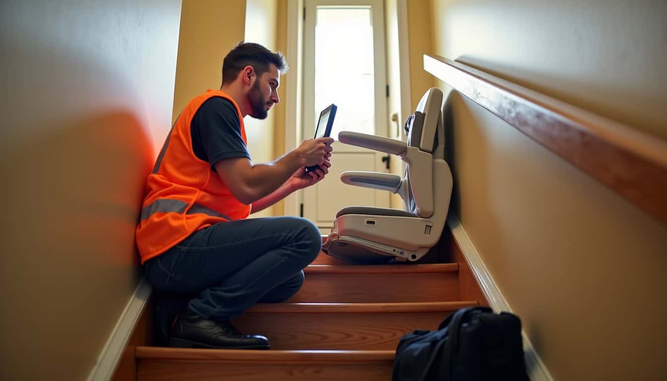Technicien expérimenté en train de tester un monte-escalier à Crézancy