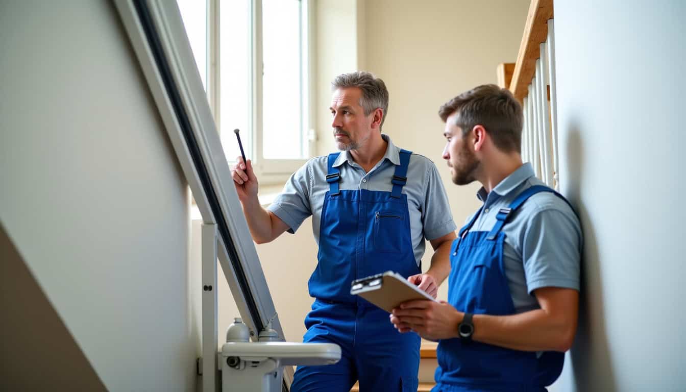 Technicien expérimenté formant un collègue sur un monte-escalier à Touquin