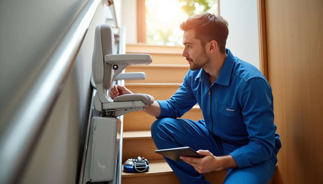 Technicien inspectant un monte-escalier d