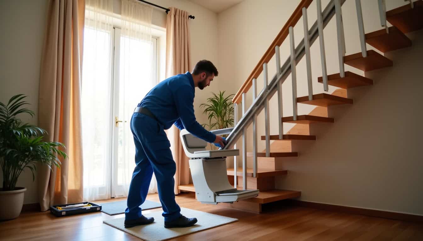 Technicien installant un monte-escalier dans une maison à Boqueho