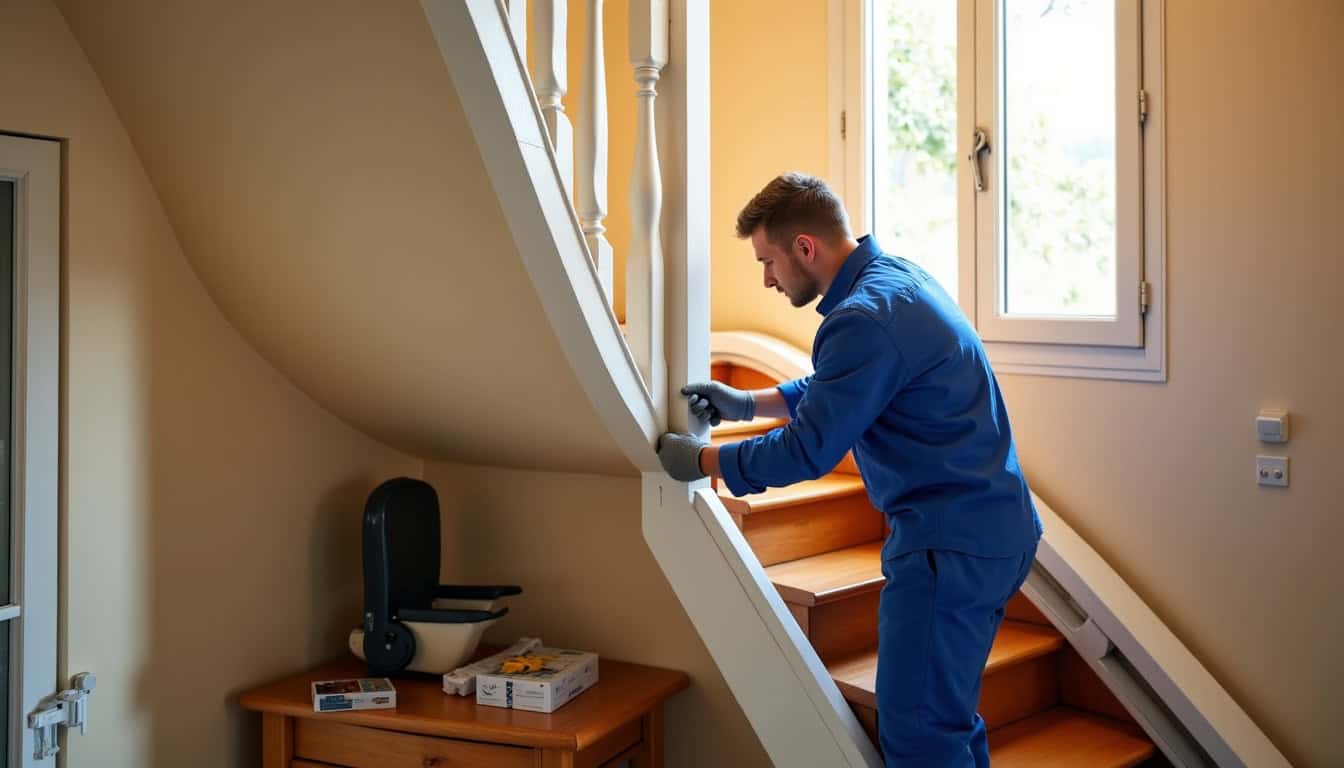 Technicien installant un monte-escalier dans une maison à Saint-Romans