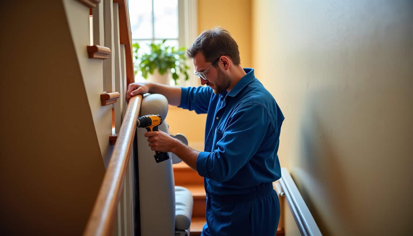 Technicien installant un monte-escalier dans une maison d