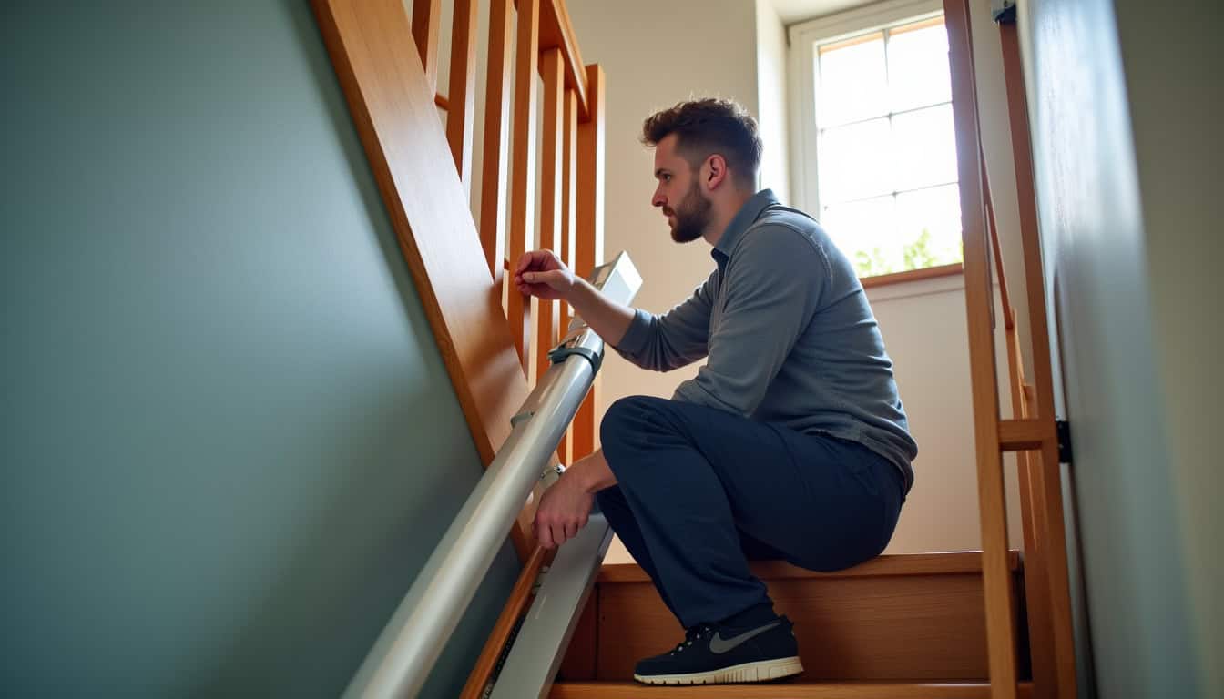 Technicien installant un monte-escalier dans une maison de Plougoulm
