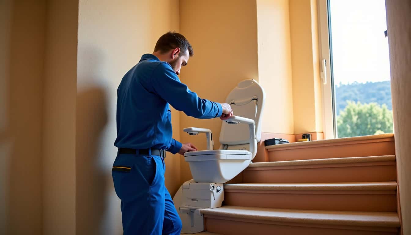 Technicien installant un monte-escalier dans une maison du Vaucluse