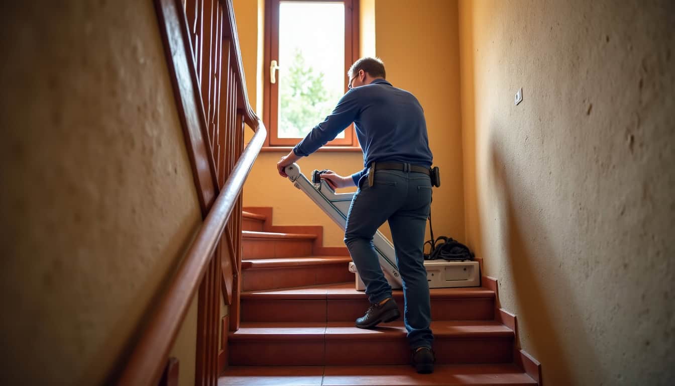 Technicien installant un monte-escalier dans une maison traditionnelle d