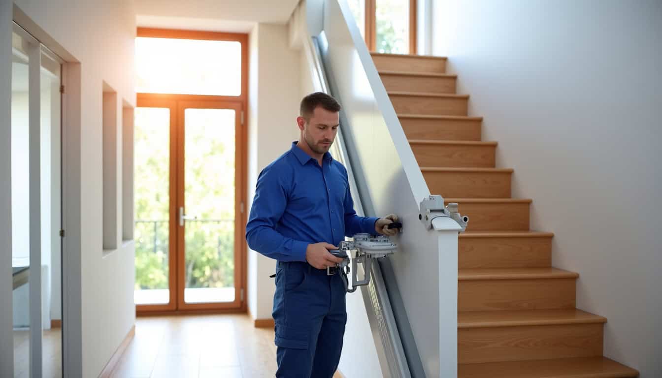 Technicien installant un monte-escalier sur un escalier droit à Rozérieulles