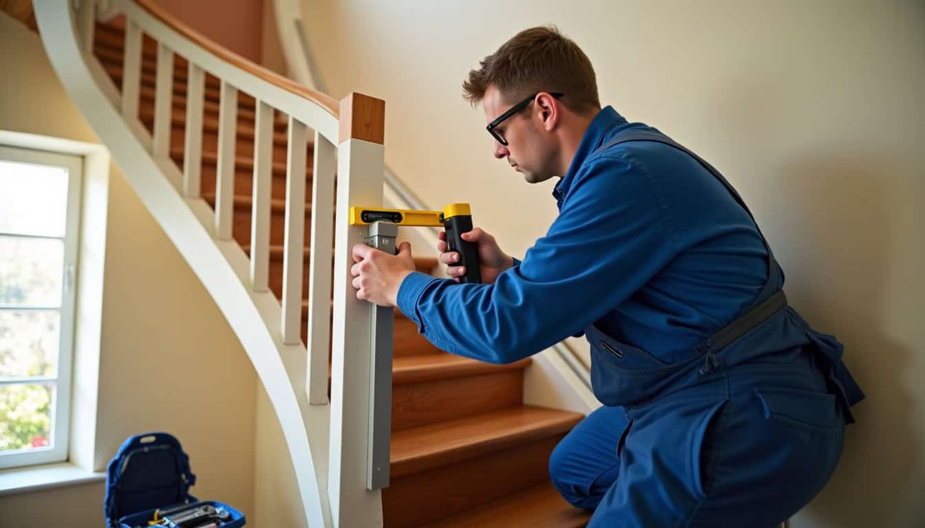 Technicien installant un monte-escalier tournant dans une maison de Sainte-Lizaigne avec outillage professionnel