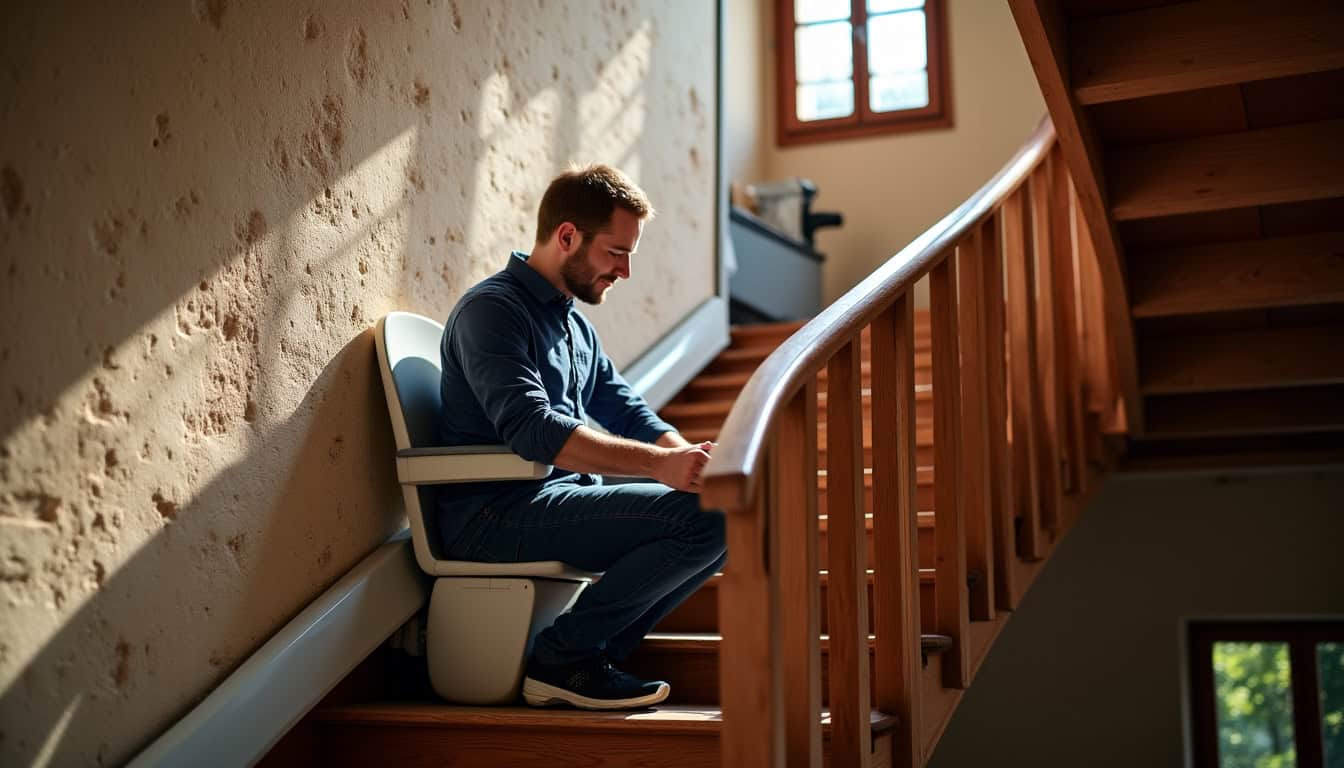 Technicien local en Côte-d’Or installant un monte-escalier dans une maison ancienne