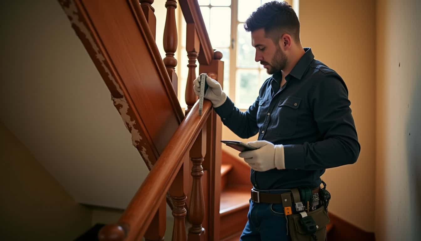 Technicien local en train de mesurer un escalier à Conlie pour une installation sur mesure